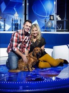 Barney Harwood and Helen Skelton with Barney the dog on the new Blue Peter set