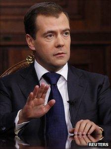 Russian President Dmitry Medvedev during an interview with Russia's three leading TV channels at the Gorki residence outside Moscow, 29 September 2011