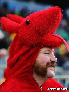 A Wales fan enjoys the atmosphere at the Ireland quarter final in Wellington