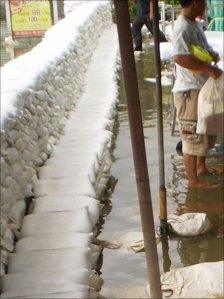 Wall of sand bags. Photo: Stuart Ward