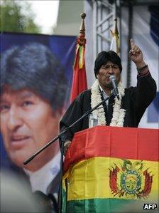 Bolivian President Evo Morales delivers a speech during a rally at the Villarroel square in La Paz, on 12 October 2011.