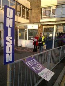 A picket line at a council office in Doncaster