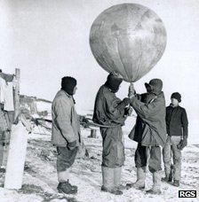 George Simpson with weather balloon and other instruments - photo from Royal Geographical Society collection