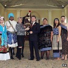 Angela Rippon and Alan Titchmarsh with performers during the launch for the Queen's Diamond Jubilee Pageant at Buckingham Palace