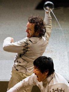 Michael Sheen as Hamlet (left) and Benedict Wong as Laertes, at the Young Vic