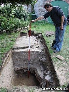 Jason Monaghan measuring the inside of the Roman Tower in the Nunnery in Alderney