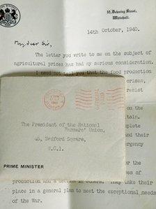 A typed letter from Sir Winston Churchill to the National Farmer's Union