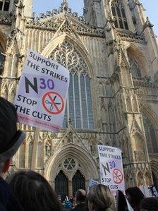 Pension strikers outside York Minster