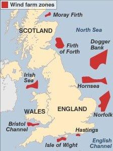 Map showing the new offshore UK wind farm zones