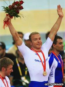 Chris Hoy on winning podium