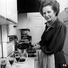 Margaret Thatcher in the kitchen of her flat at 10 Downing Street