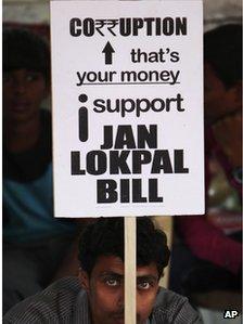 A supporter of Indian anti-corruption activist Anna Hazare holds a placard supporting strong anti-graft legislation during a protest in Hyderabad, India, Tuesday, Dec. 27, 2011