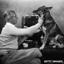 Rin Tin Tin being groomed by his owner Lee Duncan, 1935