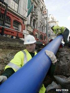 Thames Water engineers install modern pipes to replace Victorian-era water mains in Piccadilly, London