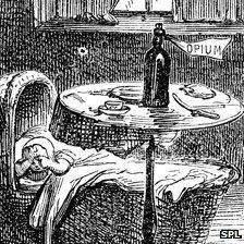 Illustration of crying baby with bottle labelled "opium" by its bedside