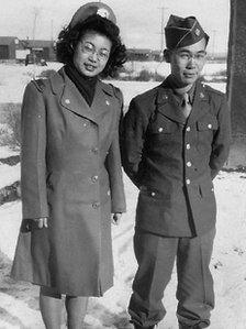 Mary Matsuda Gruenewald and her brother Yoneichi in their army uniforms on a visit back to Minidoka Internment Camp in Idaho to visit their parents. Mary Matsuda Gruenewald Collection