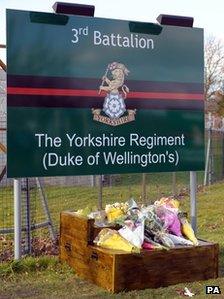 Floral tributes at barracks in Wilshire for 3rd Battalion The Yorkshire Regiment