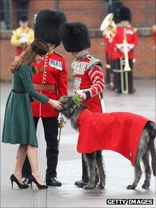 The duchess presenting a sprig of shamrock to a six-year-old Irish Wolfhound