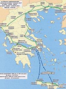 Map of Greek torch relay route