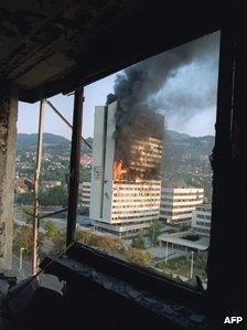 Former parliament building on fire in Sarajevo, 1992