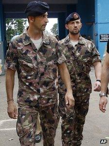 The Italian marines at the prison in Kerala on Sunday 22 April 2012