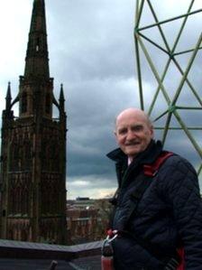 Ron Salt ascending the roof of Coventry Cathedra