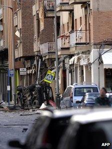 The aftermath of an Eta bomb blast in Calahorra, Spain, 21 March 2008