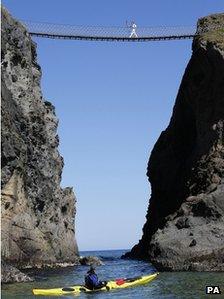 Clare Leahy crosses the Carrick-a-Rede rope bridge