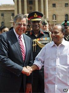 US. Defence Secretary Leon Panetta, left, is greeted by Indian Defence Minister AK. Antony in New Delhi, India, Wednesday, June 6, 2012.