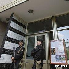 Armed police outside apartment block where Alexei Navalny lives