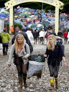 Festival-goers at a muddy Isle of Wight