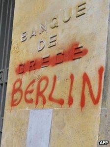 The Bank of Greece headquarters where 'Greece' was changed to 'Berlin'