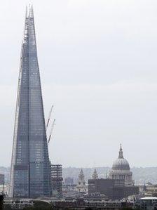 Shard skyscraper towers over Saint Paul's Cathedral in a view from south London