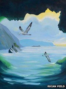 An oil painting of Fulmar sea birds