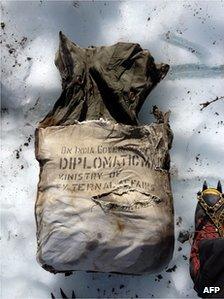 This undated handout picture shows a diplomatic bag reading "Diplomatic mail" and "Ministry of external affairs" belonging to the Indian Government after it was found at the Bossons Glacier, near the Mont Blanc in the French Alps, on August 21, 2012.