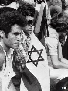 Israeli athletes mourn their dead at a memorial service in the Munich Olympic Stadium, 6 September 1972