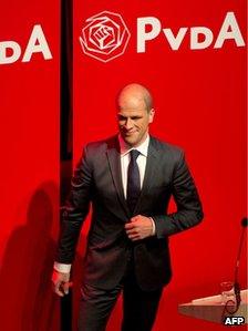 Dutch Labour Party leader Diederik Samsom appears before party members in Amsterdam, 12 September