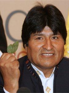 President Evo Morales holding coca leaves (file image)