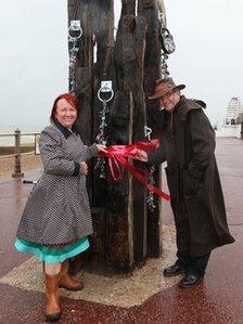 Brigitte Orasinski, Artistic Director Strange Cargo and Cllr Peter Chowney at the unveiling of the sculpture