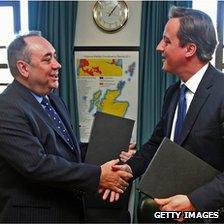 First Minister Alex Salmond and Prime Minister David Cameron shake hands after signing an agreement setting out the terms for a Scottish independence referendum