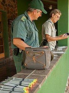 Contraceptive darts being prepared by two vets