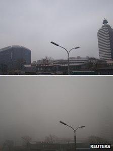 A combination photo shows a street lamp seen near Xuanwumen crossroad taken on 15 January 2013 (top) and 29 January 2013 (bottom) in central Beijing