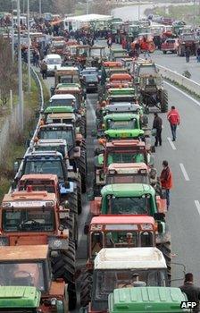 Tractors parked on a road near near Nikaia, Greece, 29 January