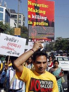 - In this Dec. 21, 2012 file photo, an Indian activist from a health group holds a placard while participating in a protest against Swiss drugmaker Novartis AG outside their office in Mumbai, India.