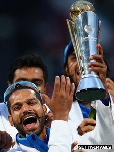 Shikhar Dhawan lifts the Champions Trophy on 23 June 2013