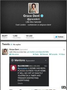 Screen-grab of Grace Dent's Twitter page, showing a retweet of the threat