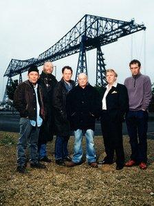 L-R: Christopher Fairbank, Pat Roach, Kevin Whately, Tim Healy, Timothy Spall and Jimmy Nail