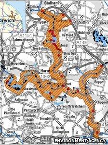 Map showing spread of killer shrimp on Norfolk Broads