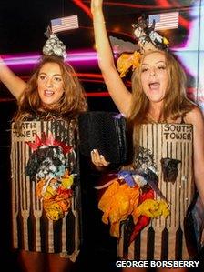 Amber Langford and Annie Collinge dressed as the Twin Towers