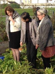 Maria Miller (l) visited the Vetch Veg project on her visit